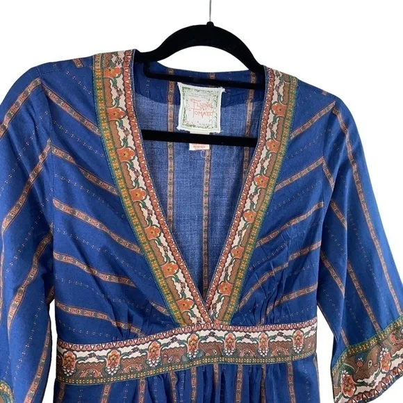 Flying Tomato Navy Blue V-Neck Boho Mixed Print Paisley Floral Mini Dress/Tunic - Picture 7 of 8